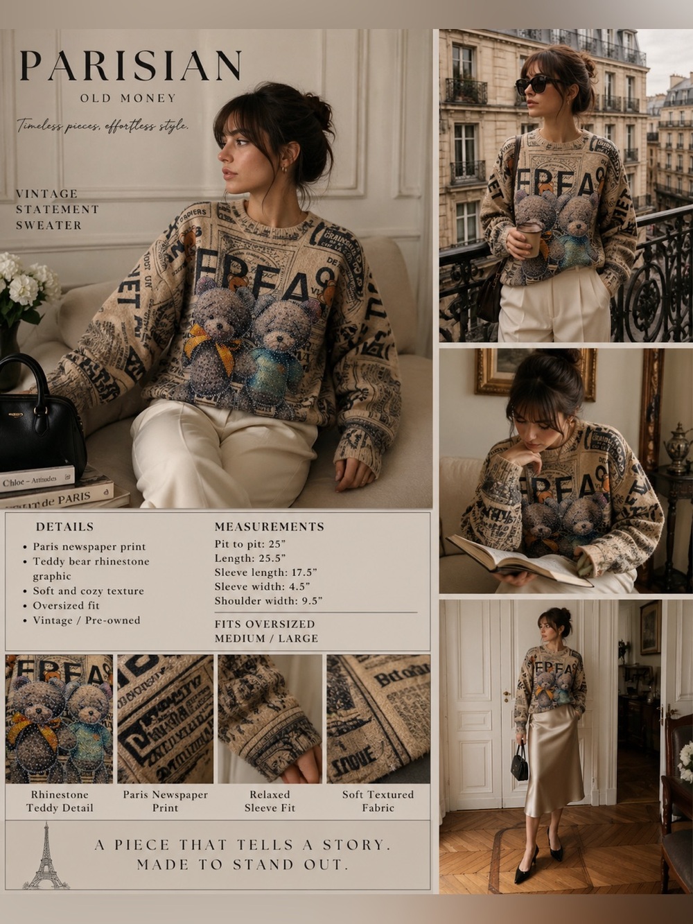 French Newspaper Teddy Bear Rhinestone Sweater Oversized Cozy Chic